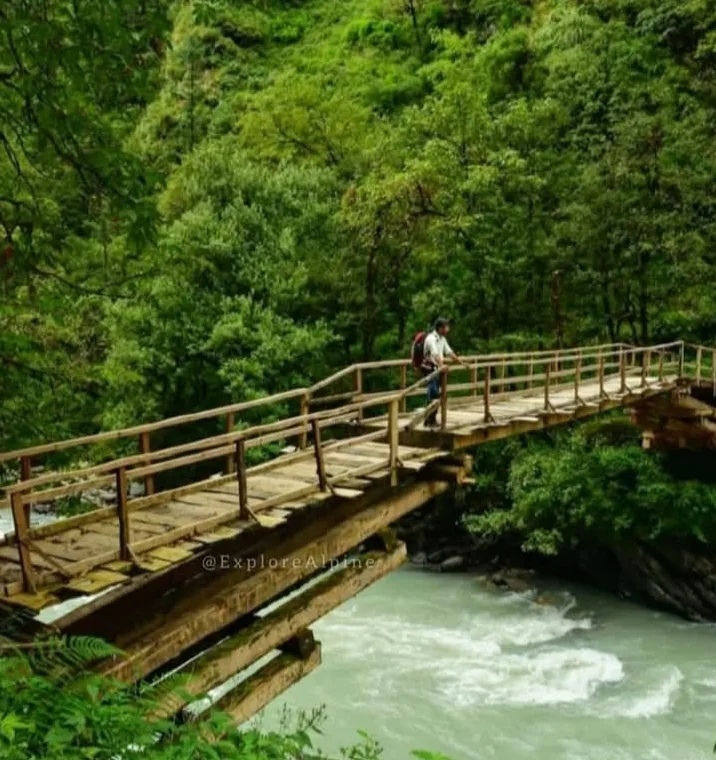 Crossing the Supin river on a wooden bridge